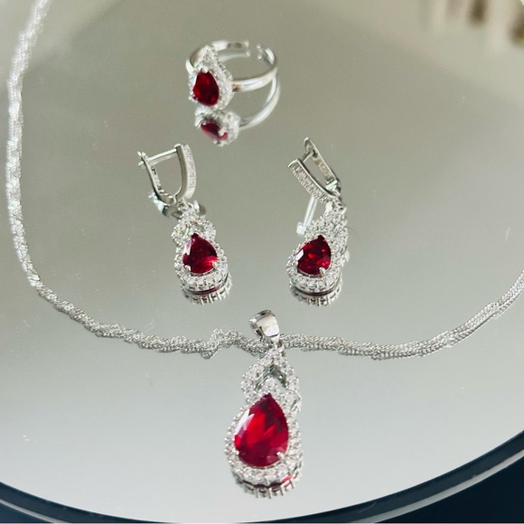 Sterling Silver 925 Set Red Teardrop Ring Earrings Necklace Zircons Solid - Picture 12 of 14